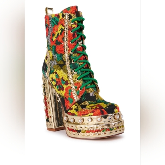 Azalea Wang Shoes - AZALEA WANG "Autumn Barque Blaze" Vibrant Floral High Heel Ankle Boots